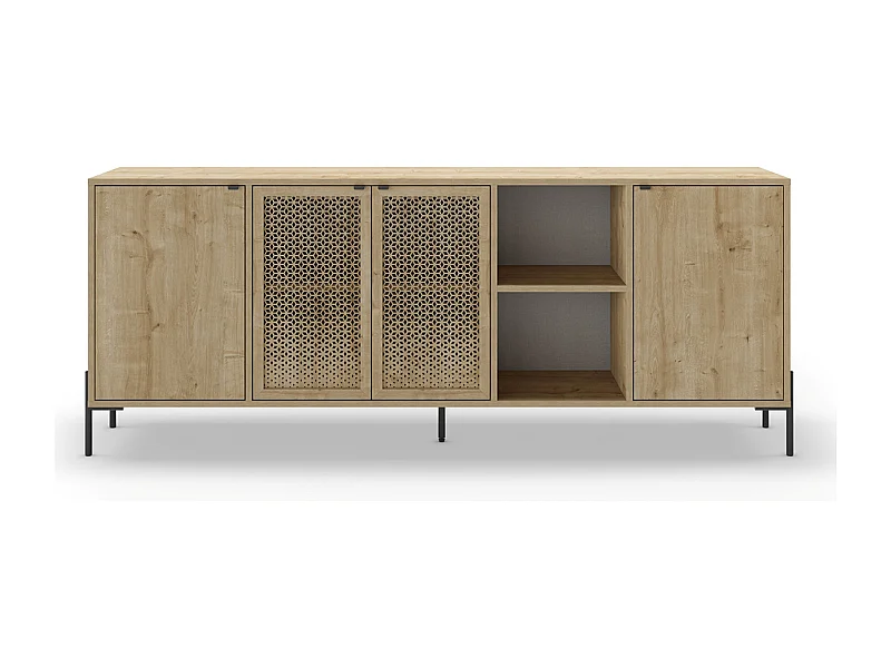 Buffet, meuble de rangement aspect bois coloris chêne, pieds en métal noir - Longueur 203,80 x Profondeur 40 x Hauteur 80,30 cm