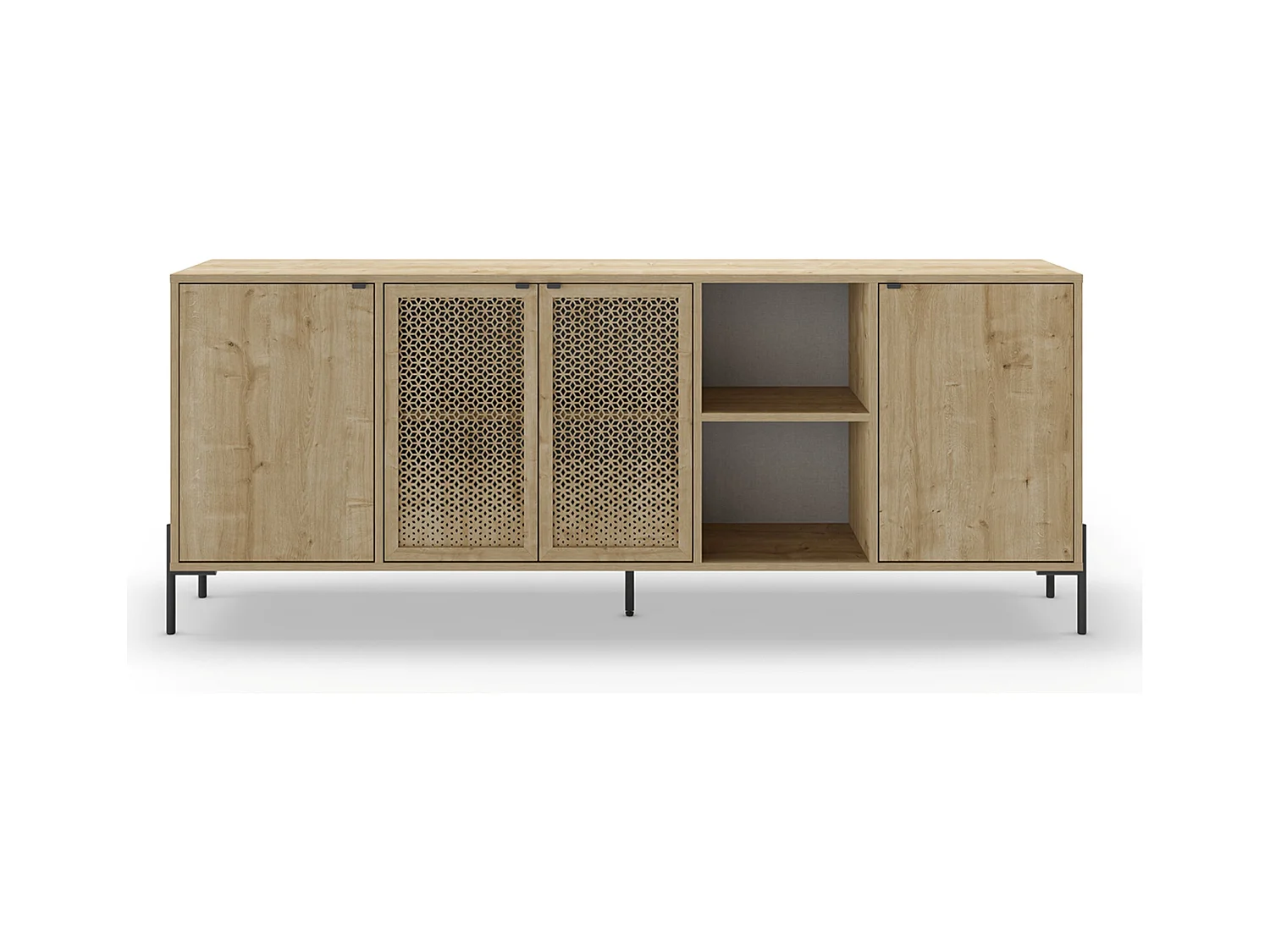 Buffet, meuble de rangement aspect bois coloris chêne, pieds en métal noir - Longueur 203,80 x Profondeur 40 x Hauteur 80,30 cm