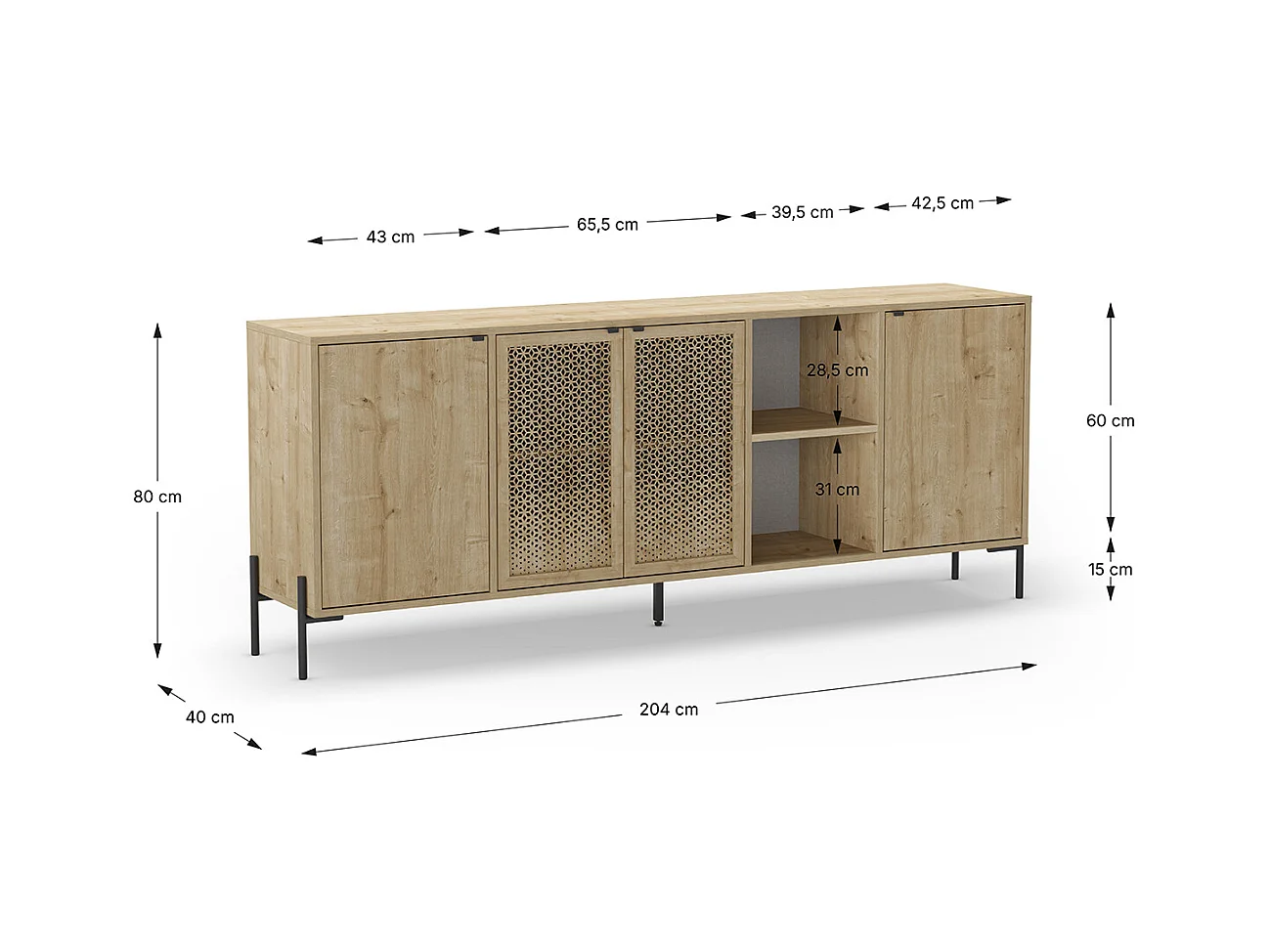 Buffet, meuble de rangement aspect bois coloris chêne, pieds en métal noir - Longueur 203,80 x Profondeur 40 x Hauteur 80,30 cm