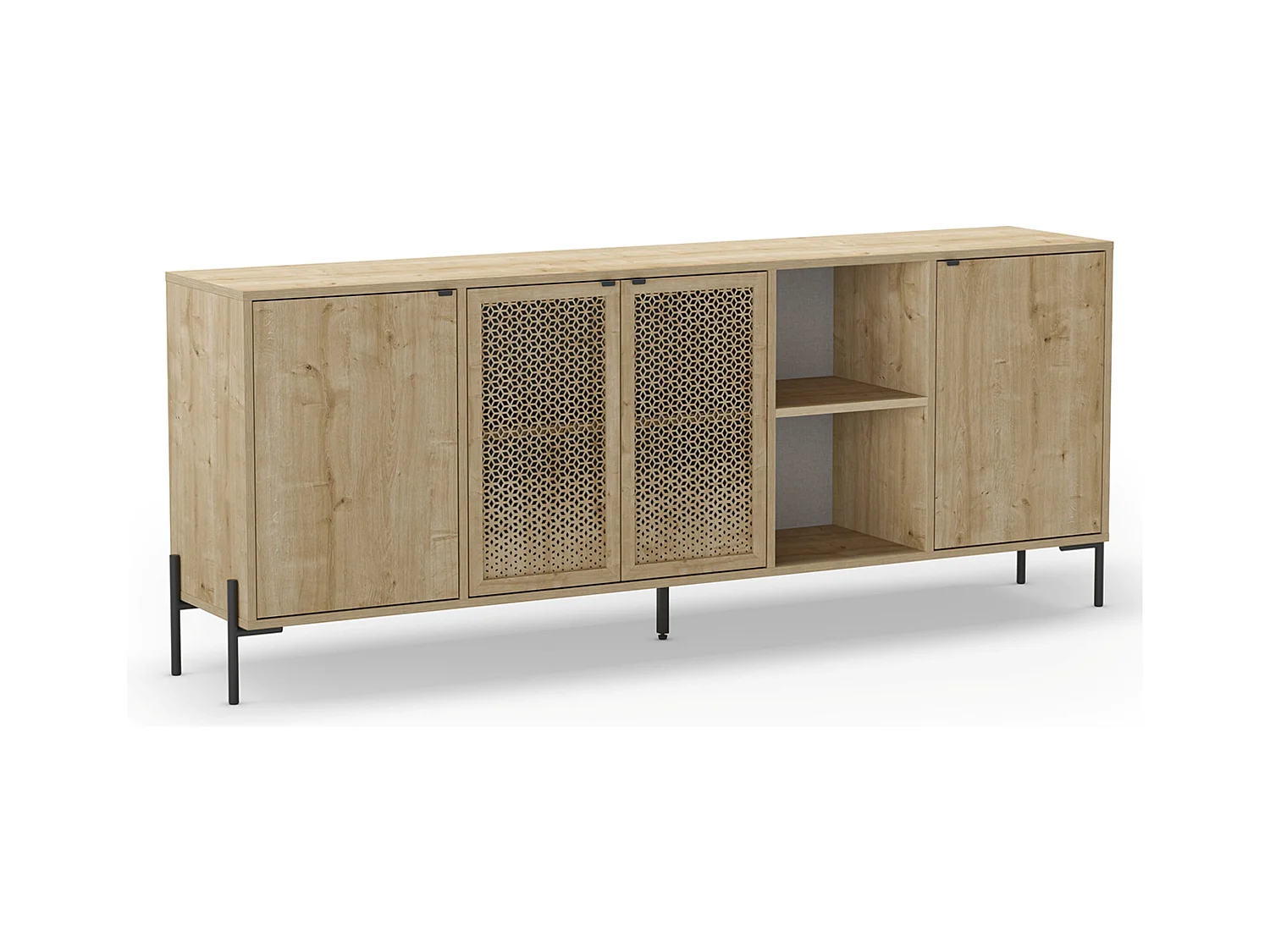 Buffet, meuble de rangement aspect bois coloris chêne, pieds en métal noir - Longueur 203,80 x Profondeur 40 x Hauteur 80,30 cm