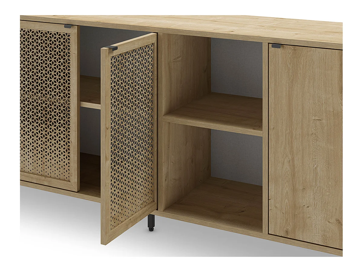 Buffet, meuble de rangement aspect bois coloris chêne, pieds en métal noir - Longueur 203,80 x Profondeur 40 x Hauteur 80,30 cm