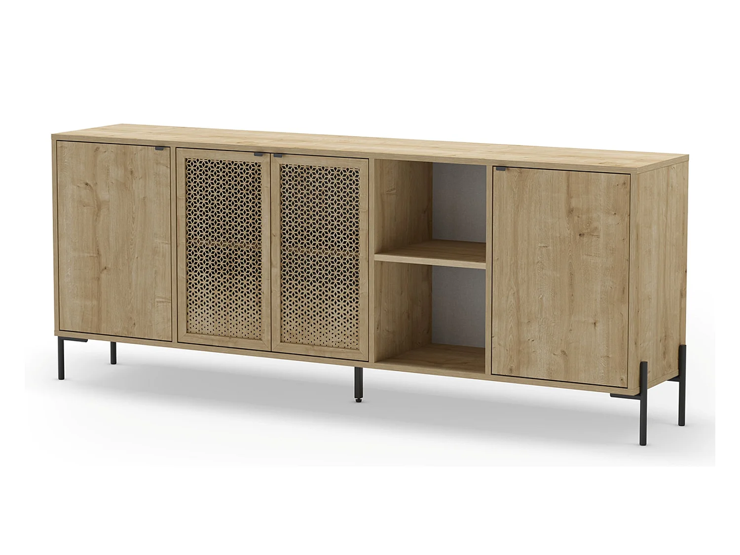 Buffet, meuble de rangement aspect bois coloris chêne, pieds en métal noir - Longueur 203,80 x Profondeur 40 x Hauteur 80,30 cm