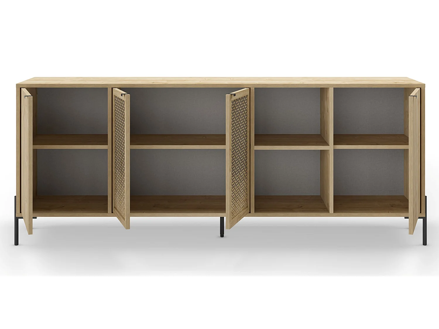 Buffet, meuble de rangement aspect bois coloris chêne, pieds en métal noir - Longueur 203,80 x Profondeur 40 x Hauteur 80,30 cm