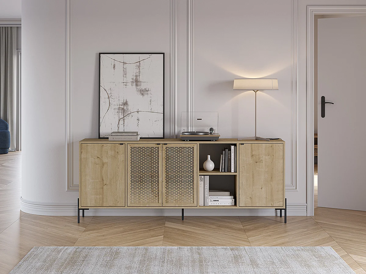 Buffet, meuble de rangement aspect bois coloris chêne, pieds en métal noir - Longueur 203,80 x Profondeur 40 x Hauteur 80,30 cm