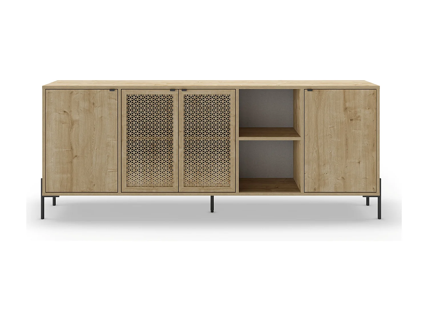 Buffet, meuble de rangement aspect bois coloris chêne, pieds en métal noir - Longueur 203,80 x Profondeur 40 x Hauteur 80,30 cm