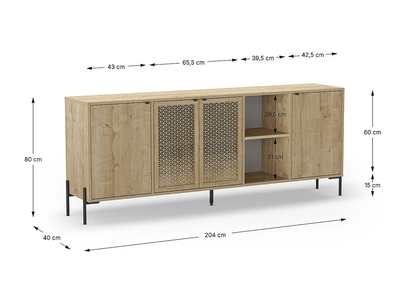 Buffet, meuble de rangement aspect bois coloris chêne, pieds en métal noir - Longueur 203,80 x Profondeur 40 x Hauteur 80,30 cm