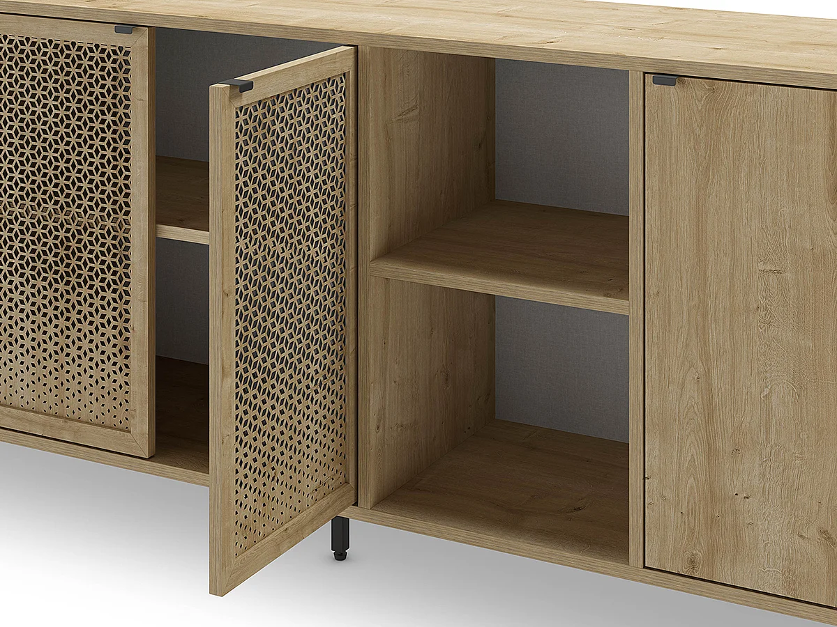 Buffet, meuble de rangement aspect bois coloris chêne, pieds en métal noir - Longueur 203,80 x Profondeur 40 x Hauteur 80,30 cm