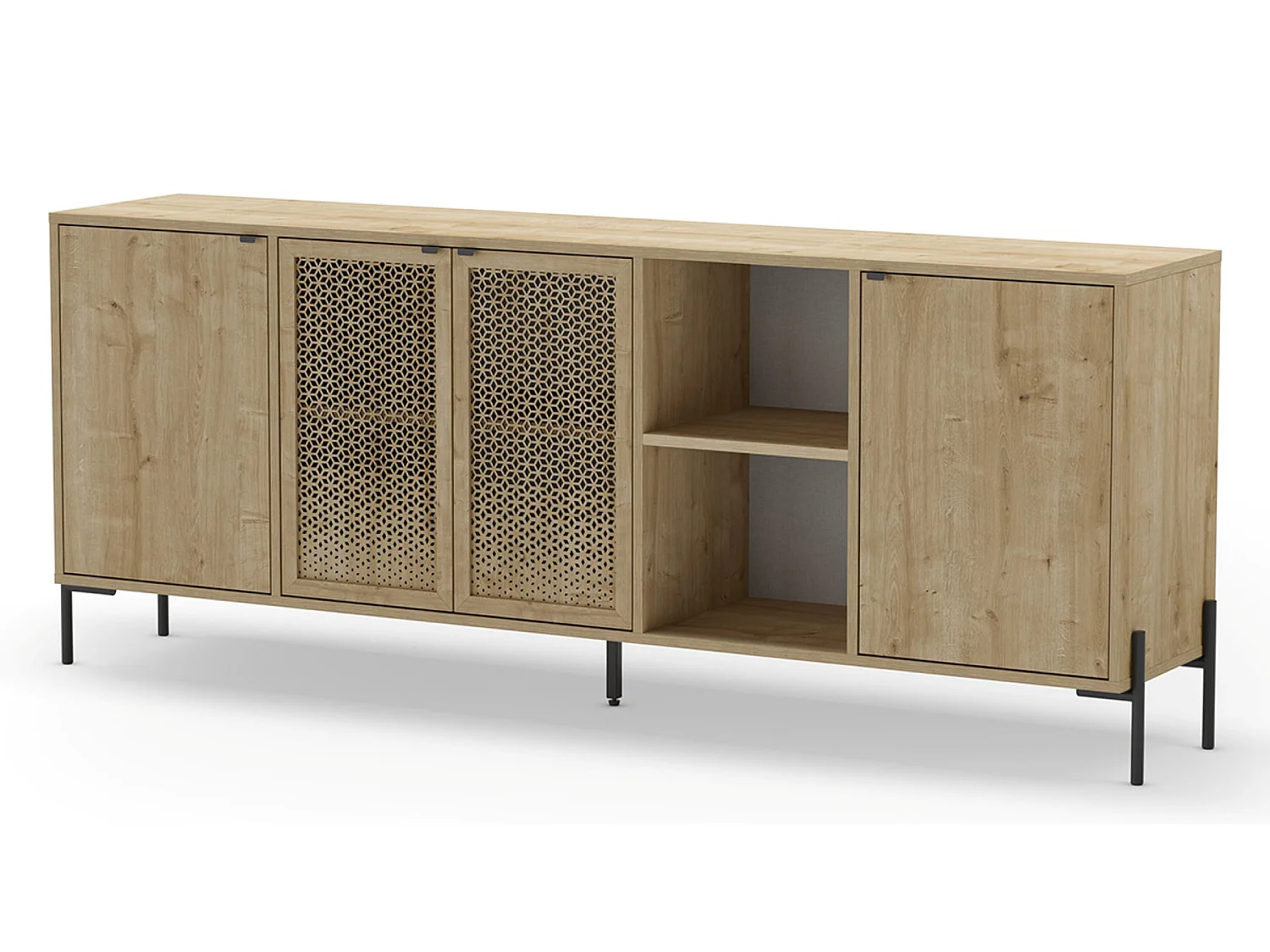 Buffet, meuble de rangement aspect bois coloris chêne, pieds en métal noir - Longueur 203,80 x Profondeur 40 x Hauteur 80,30 cm