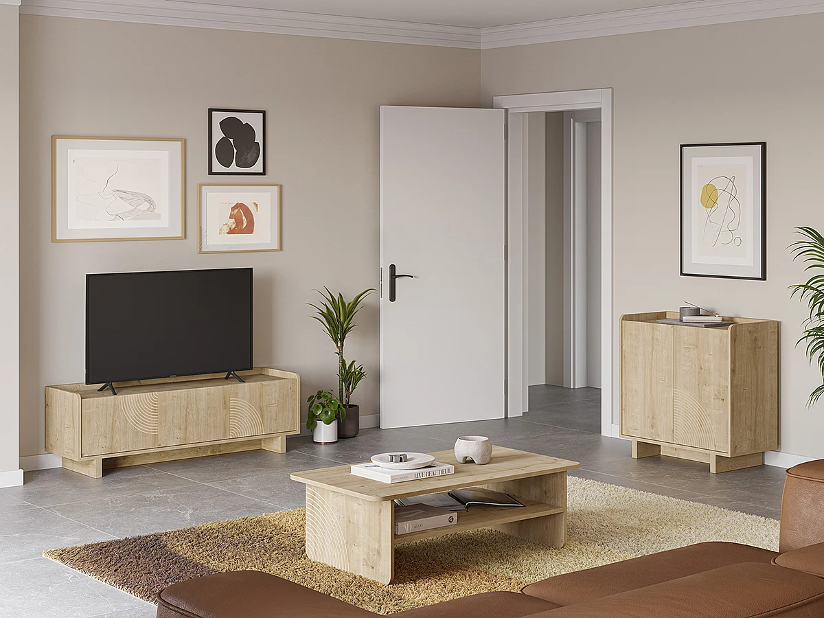 Meuble TV, meuble de salon avec 3 portes aspect bois coloris chêne- Longueur 140 x Profondeur 40 x Hauteur 45 cm