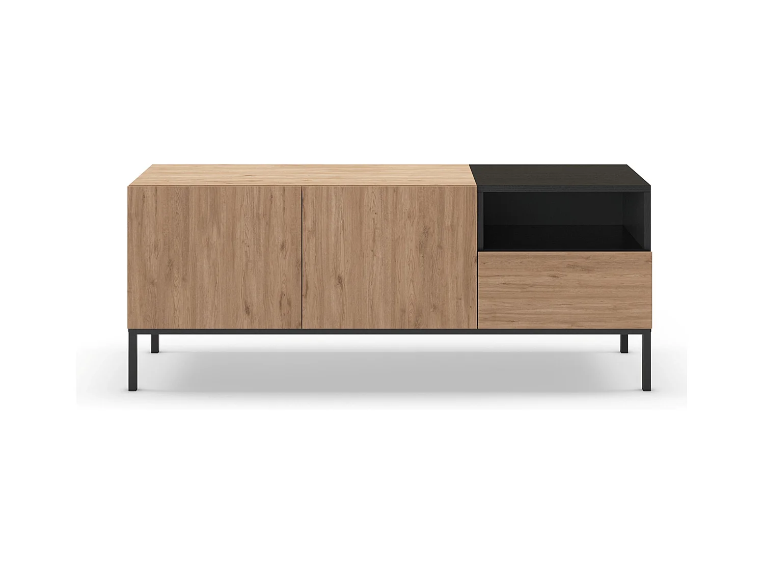 Meuble TV, Meuble de salon aspect bois avec 2 portes et 1 tiroir coloris naturel et noir, pieds en métal coloris noir - Longueur 140 x Profondeur 42 x Hauteur 55 cm
