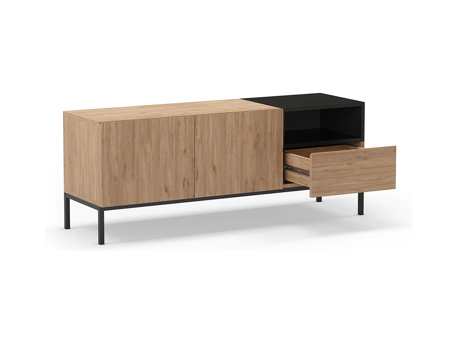 Meuble TV, Meuble de salon aspect bois avec 2 portes et 1 tiroir coloris naturel et noir, pieds en métal coloris noir - Longueur 140 x Profondeur 42 x Hauteur 55 cm