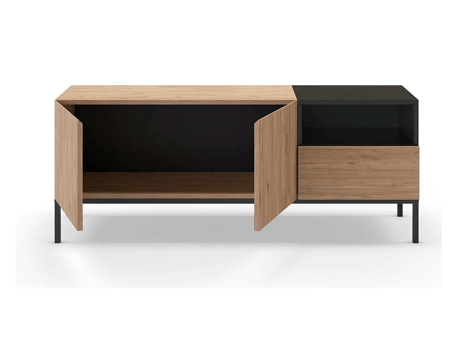 Meuble TV, Meuble de salon aspect bois avec 2 portes et 1 tiroir coloris naturel et noir, pieds en métal coloris noir - Longueur 140 x Profondeur 42 x Hauteur 55 cm