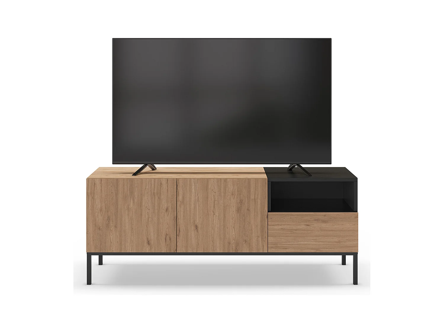 Meuble TV, Meuble de salon aspect bois avec 2 portes et 1 tiroir coloris naturel et noir, pieds en métal coloris noir - Longueur 140 x Profondeur 42 x Hauteur 55 cm