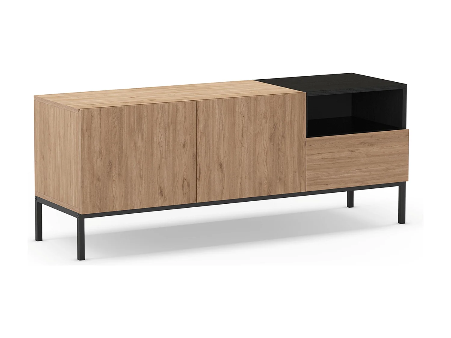 Meuble TV, Meuble de salon aspect bois avec 2 portes et 1 tiroir coloris naturel et noir, pieds en métal coloris noir - Longueur 140 x Profondeur 42 x Hauteur 55 cm