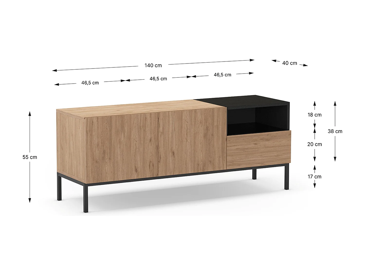 Meuble TV, Meuble de salon aspect bois avec 2 portes et 1 tiroir coloris naturel et noir, pieds en métal coloris noir - Longueur 140 x Profondeur 42 x Hauteur 55 cm