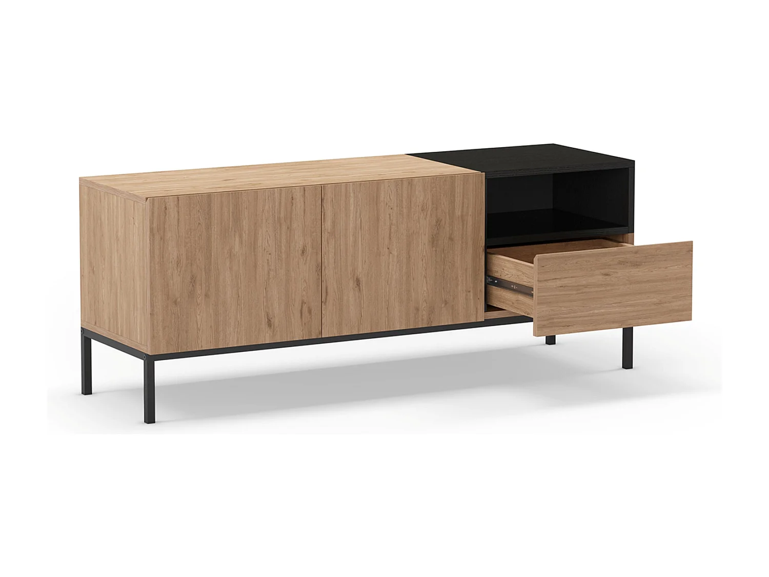 Meuble TV, Meuble de salon aspect bois avec 2 portes et 1 tiroir coloris naturel et noir, pieds en métal coloris noir - Longueur 140 x Profondeur 42 x Hauteur 55 cm