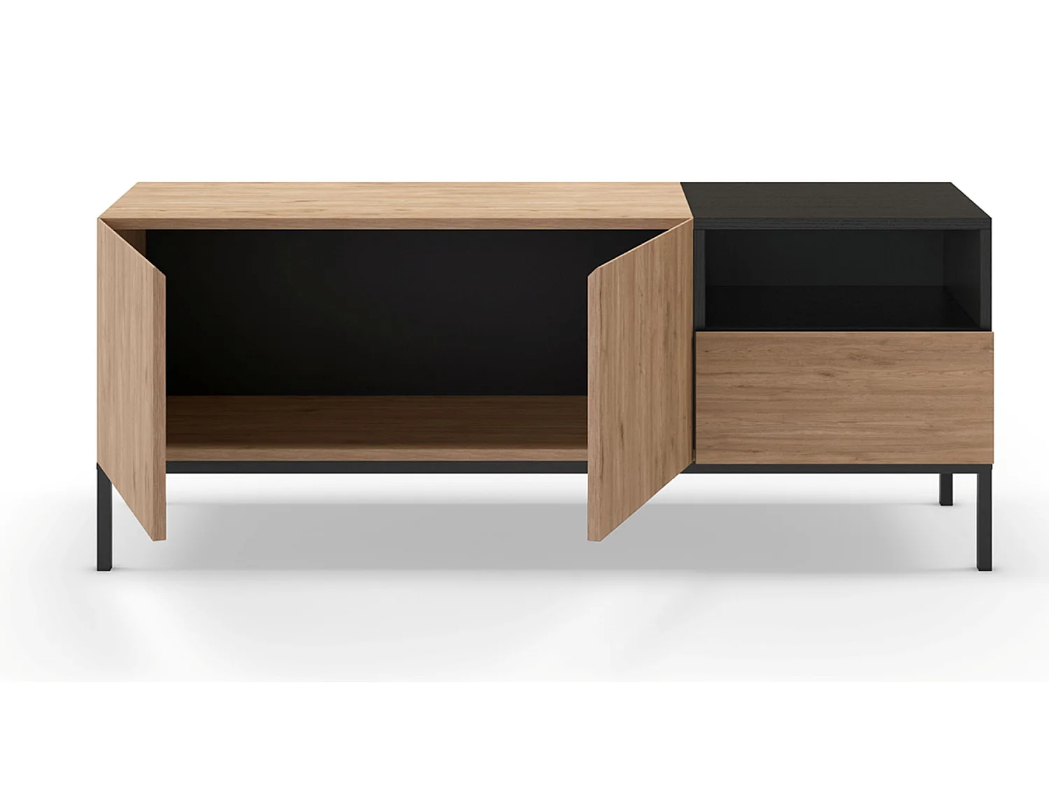 Meuble TV, Meuble de salon aspect bois avec 2 portes et 1 tiroir coloris naturel et noir, pieds en métal coloris noir - Longueur 140 x Profondeur 42 x Hauteur 55 cm