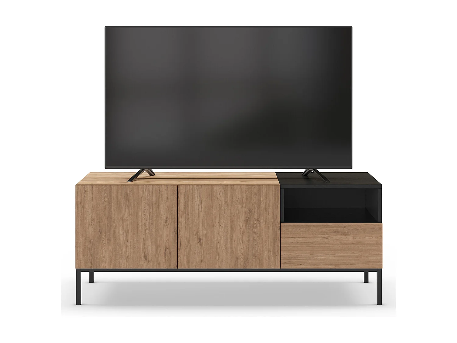 Meuble TV, Meuble de salon aspect bois avec 2 portes et 1 tiroir coloris naturel et noir, pieds en métal coloris noir - Longueur 140 x Profondeur 42 x Hauteur 55 cm