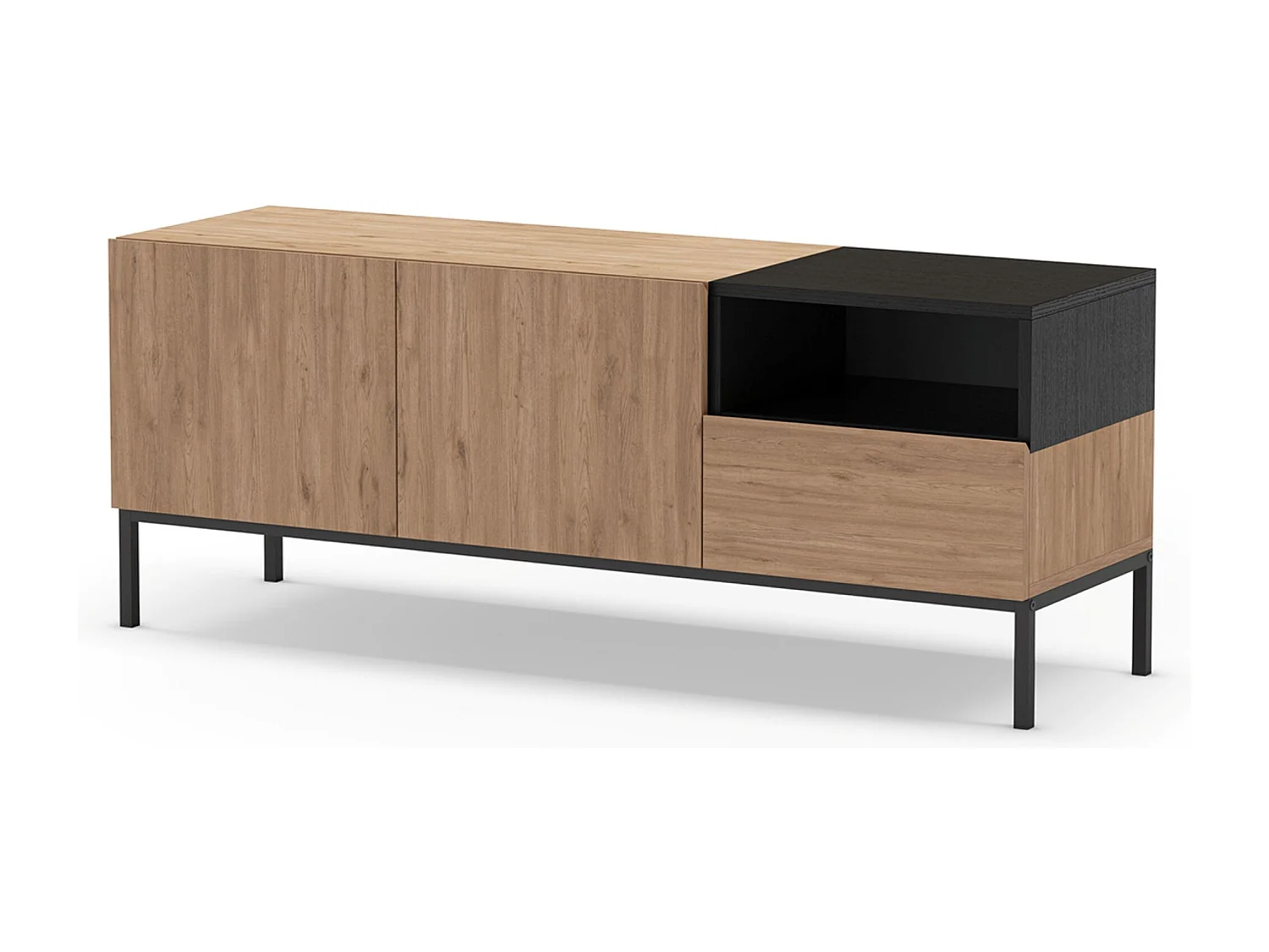 Meuble TV, Meuble de salon aspect bois avec 2 portes et 1 tiroir coloris naturel et noir, pieds en métal coloris noir - Longueur 140 x Profondeur 42 x Hauteur 55 cm