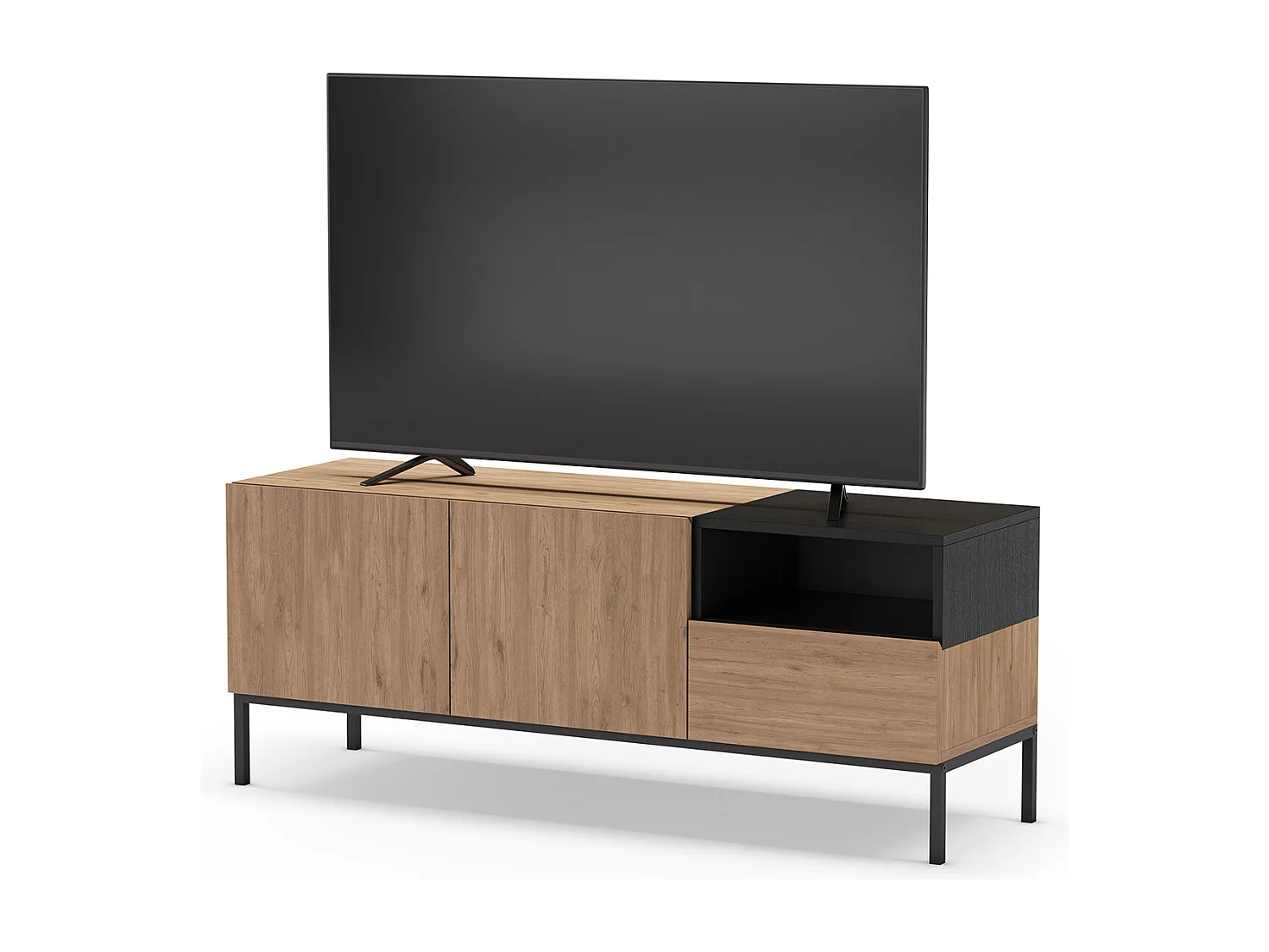 Meuble TV, Meuble de salon aspect bois avec 2 portes et 1 tiroir coloris naturel et noir, pieds en métal coloris noir - Longueur 140 x Profondeur 42 x Hauteur 55 cm