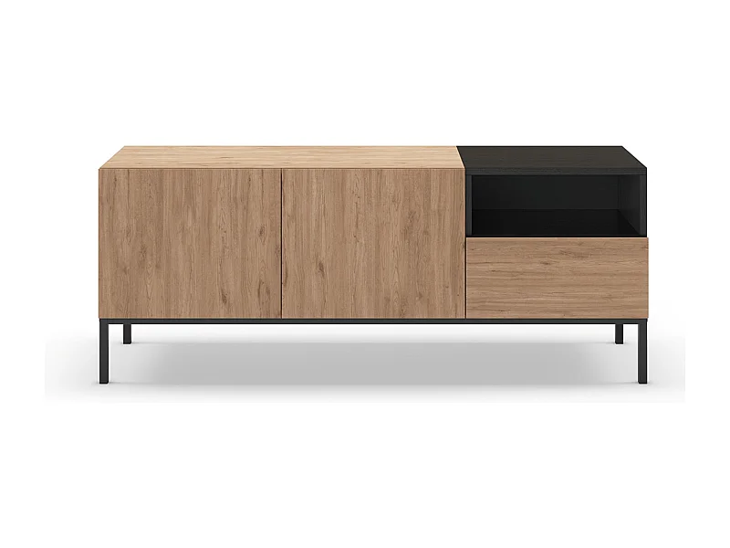 Meuble TV, Meuble de salon aspect bois avec 2 portes et 1 tiroir coloris naturel et noir, pieds en métal coloris noir - Longueur 140 x Profondeur 42 x Hauteur 55 cm