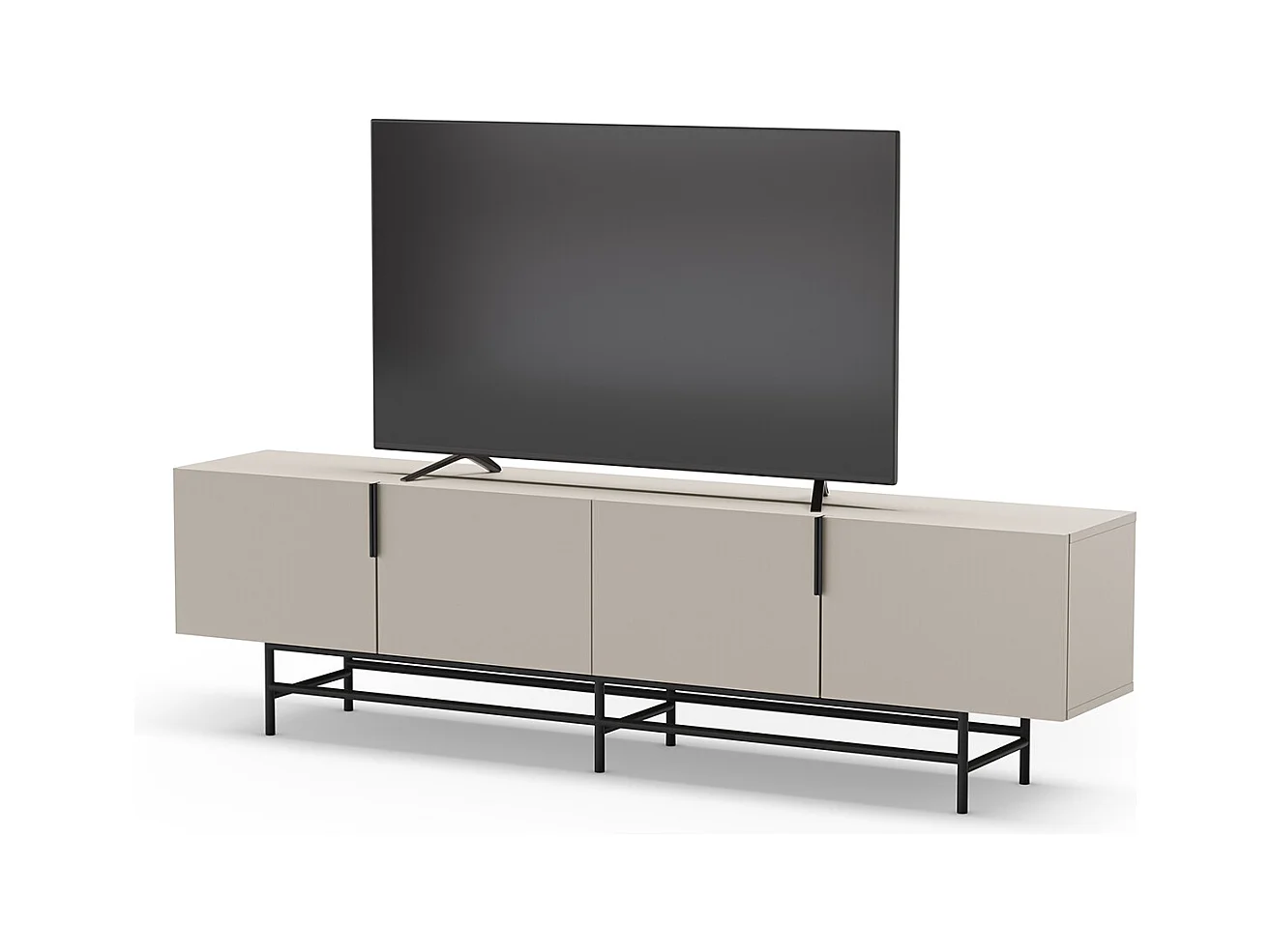 Meuble TV, Meuble de salon aspect bois coloris crème, pieds en métal noir - Longueur 200 x Profondeur 35 x Hauteur 55 cm