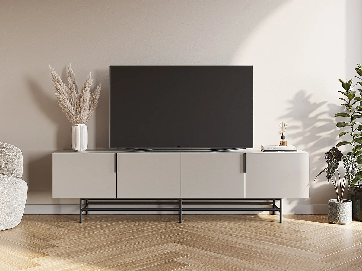 Meuble TV, Meuble de salon aspect bois coloris crème, pieds en métal noir - Longueur 200 x Profondeur 35 x Hauteur 55 cm