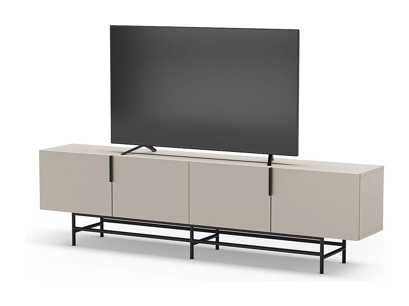 Meuble TV, Meuble de salon aspect bois coloris crème, pieds en métal noir - Longueur 200 x Profondeur 35 x Hauteur 55 cm