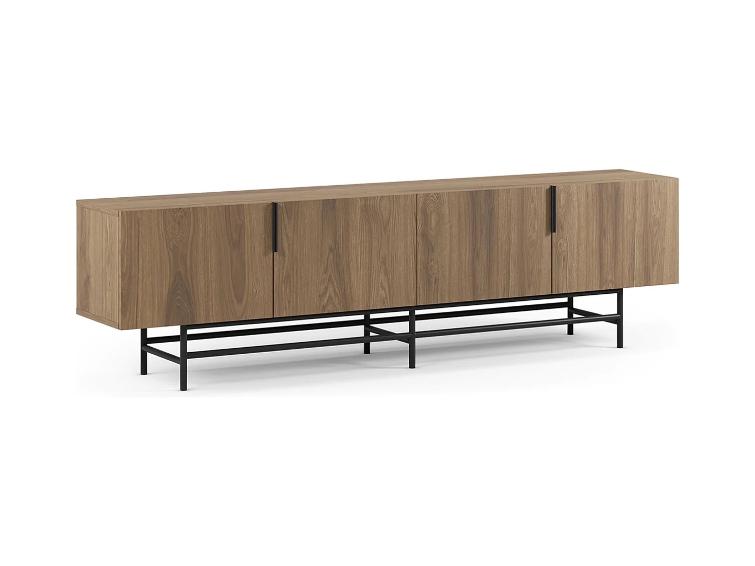 Meuble TV, meuble de salon rectangulaire avec 4 portes aspect bois coloris chêne, pieds en métal noir - Longueur 200 x Profondeur 35 x Hauteur 55 cm