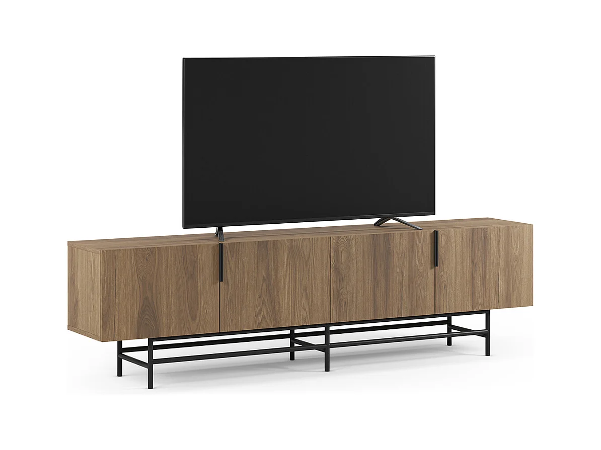 Meuble TV, meuble de salon rectangulaire avec 4 portes aspect bois coloris chêne, pieds en métal noir - Longueur 200 x Profondeur 35 x Hauteur 55 cm
