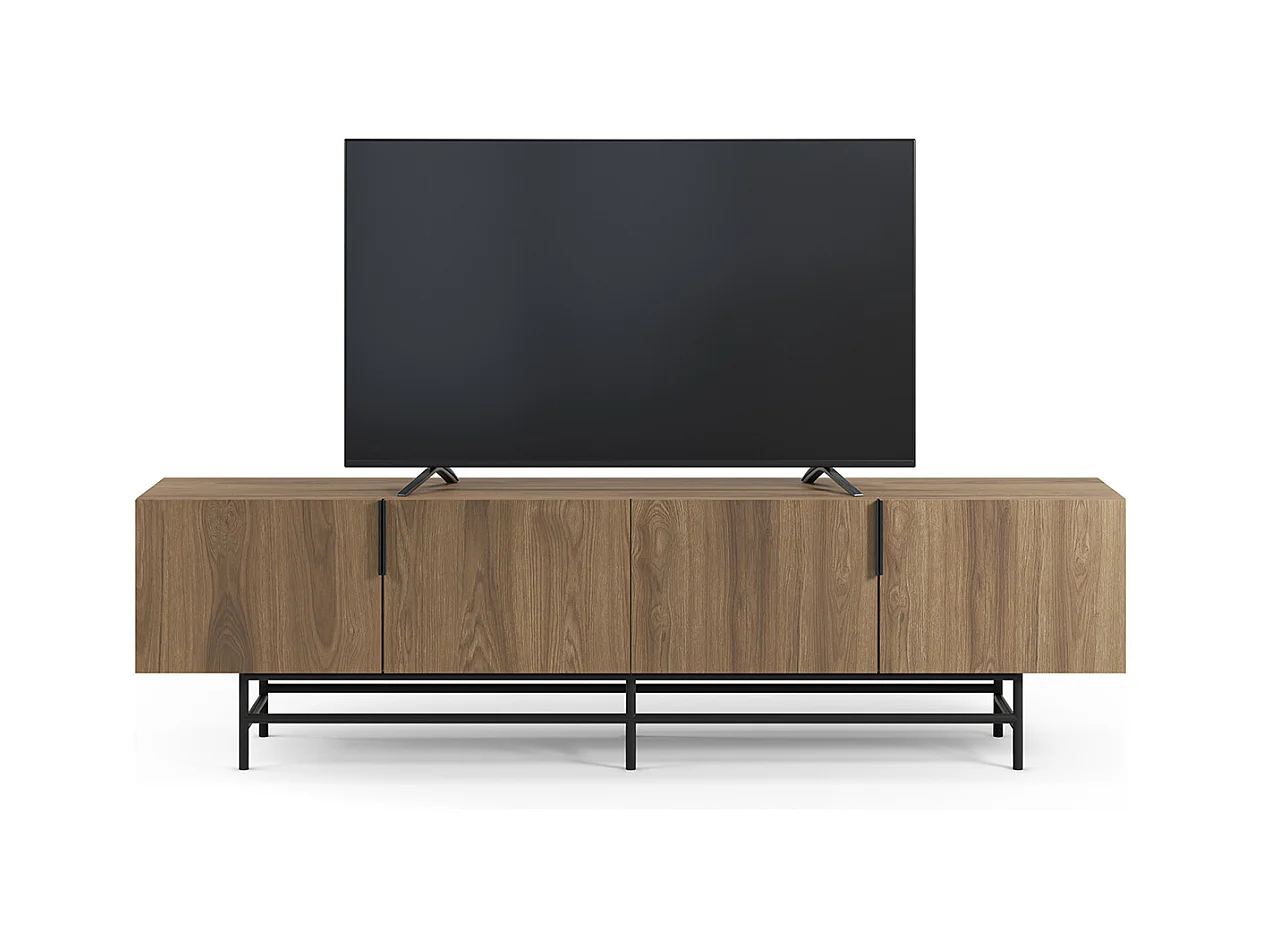 Meuble TV, meuble de salon rectangulaire avec 4 portes aspect bois coloris chêne, pieds en métal noir - Longueur 200 x Profondeur 35 x Hauteur 55 cm