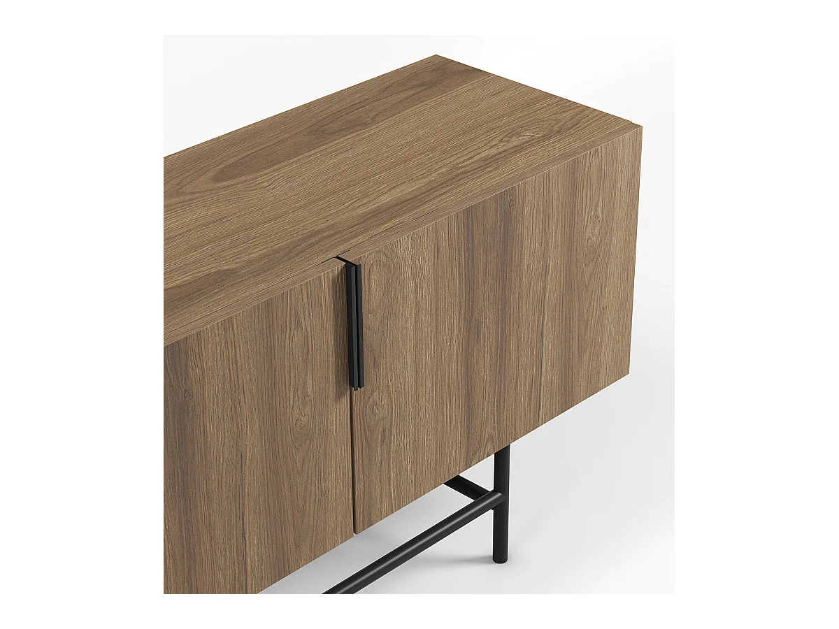 Meuble TV, meuble de salon rectangulaire avec 4 portes aspect bois coloris chêne, pieds en métal noir - Longueur 200 x Profondeur 35 x Hauteur 55 cm