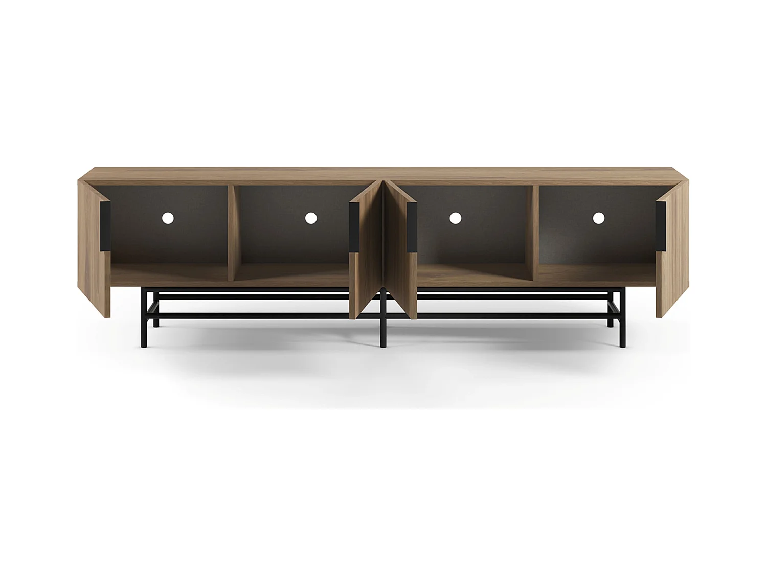 Meuble TV, meuble de salon rectangulaire avec 4 portes aspect bois coloris chêne, pieds en métal noir - Longueur 200 x Profondeur 35 x Hauteur 55 cm