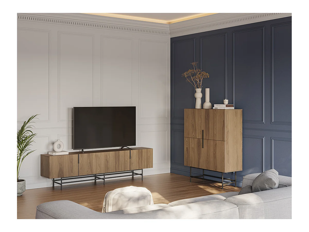 Meuble TV, meuble de salon rectangulaire avec 4 portes aspect bois coloris chêne, pieds en métal noir - Longueur 200 x Profondeur 35 x Hauteur 55 cm