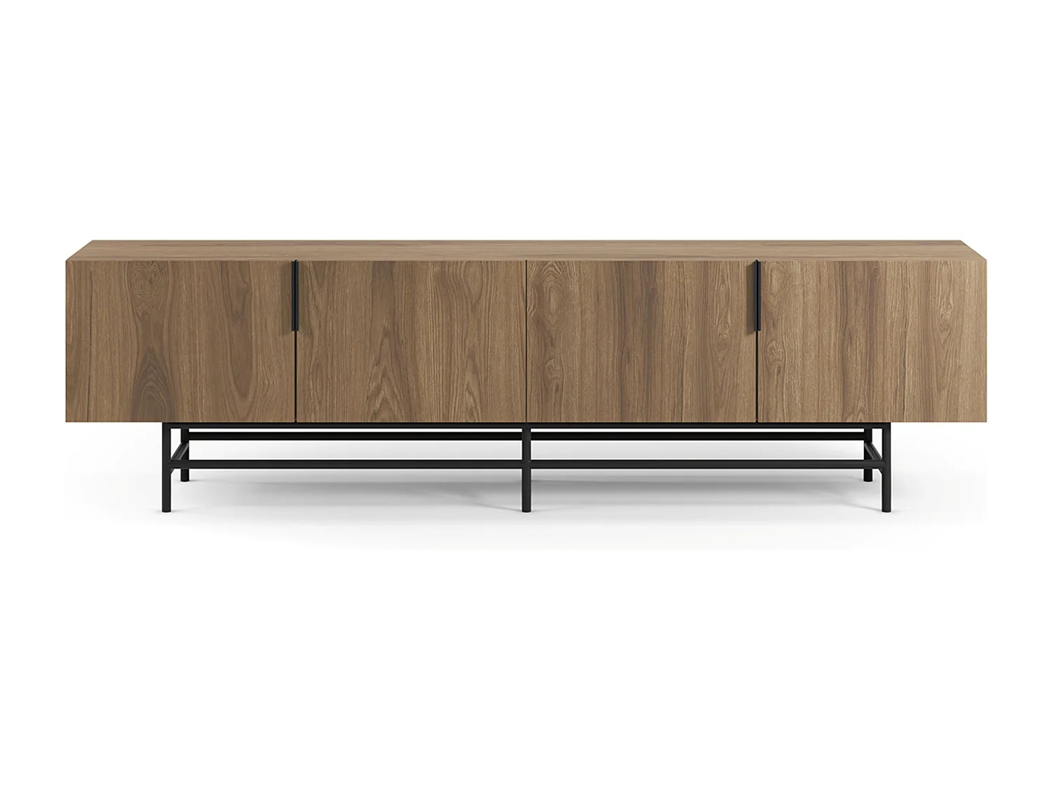 Meuble TV, meuble de salon rectangulaire avec 4 portes aspect bois coloris chêne, pieds en métal noir - Longueur 200 x Profondeur 35 x Hauteur 55 cm