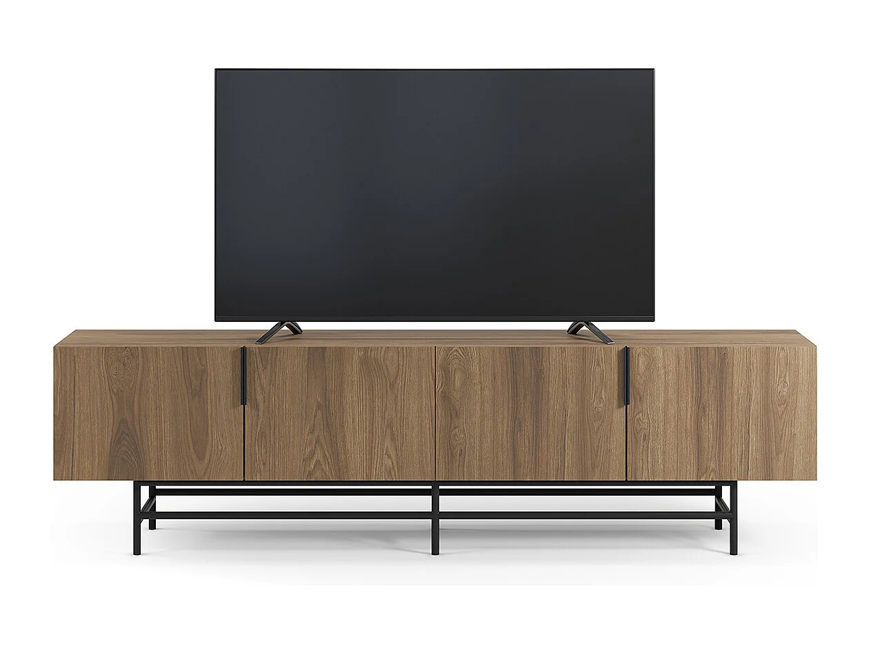 Meuble TV, meuble de salon rectangulaire avec 4 portes aspect bois coloris chêne, pieds en métal noir - Longueur 200 x Profondeur 35 x Hauteur 55 cm