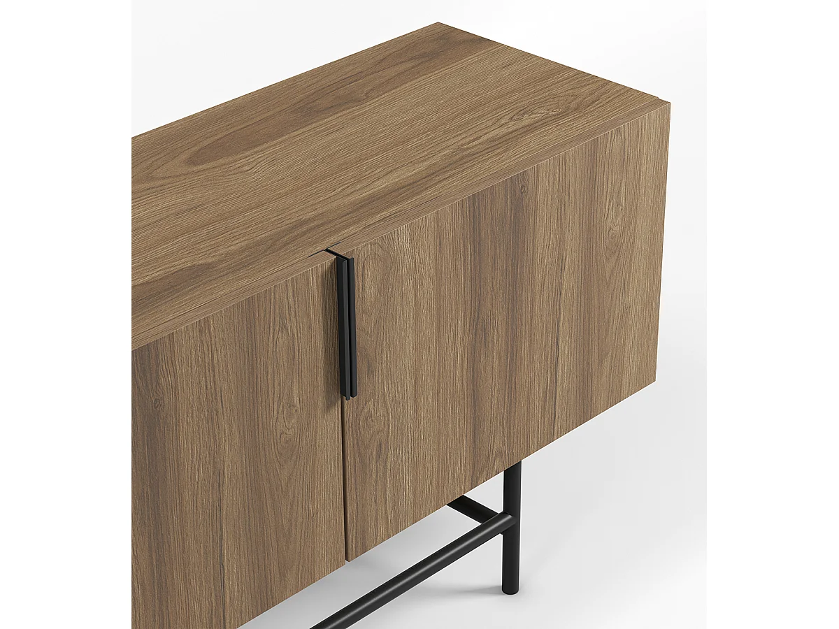 Meuble TV, meuble de salon rectangulaire avec 4 portes aspect bois coloris chêne, pieds en métal noir - Longueur 200 x Profondeur 35 x Hauteur 55 cm