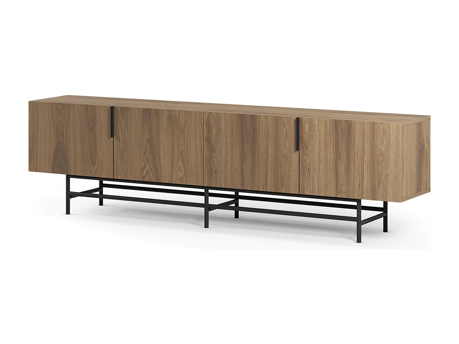 Meuble TV, meuble de salon rectangulaire avec 4 portes aspect bois coloris chêne, pieds en métal noir - Longueur 200 x Profondeur 35 x Hauteur 55 cm