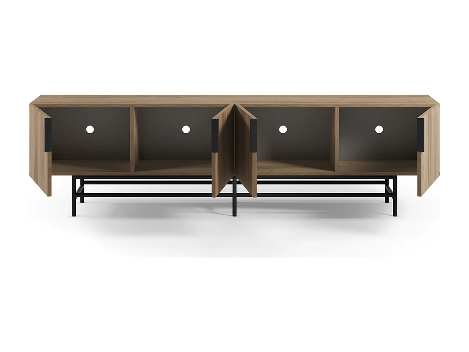 Meuble TV, meuble de salon rectangulaire avec 4 portes aspect bois coloris chêne, pieds en métal noir - Longueur 200 x Profondeur 35 x Hauteur 55 cm