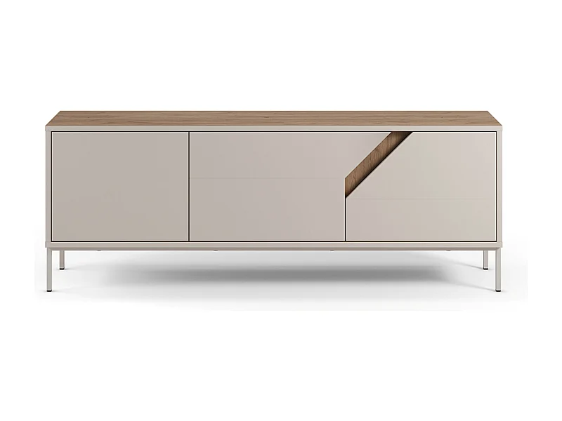 Meuble TV, Meuble de salon avec 3 portes aspect bois coloris chêne, crème - Longueur 150 x Profondeur 35 x Hauteur 55 cm