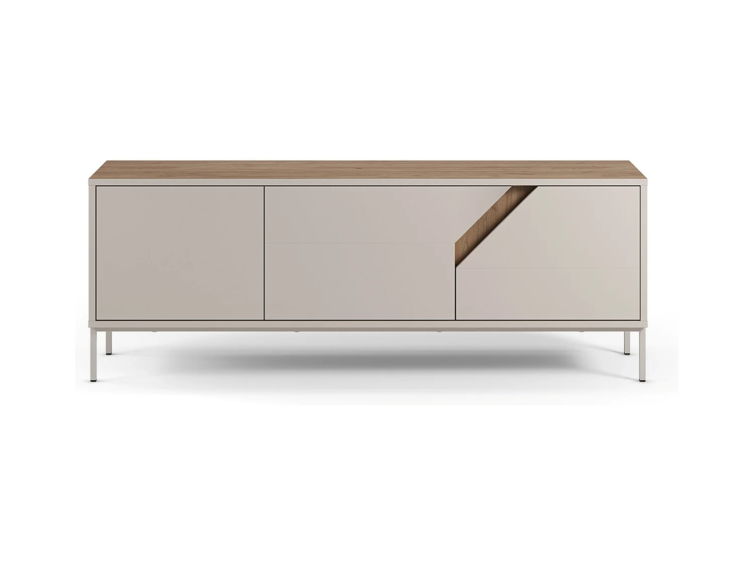 Meuble TV, Meuble de salon avec 3 portes aspect bois coloris chêne, crème - Longueur 150 x Profondeur 35 x Hauteur 55 cm