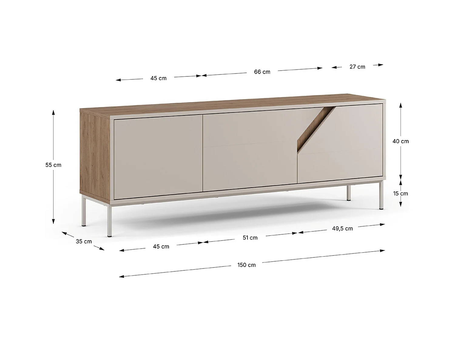 Meuble TV, Meuble de salon avec 3 portes aspect bois coloris chêne, crème - Longueur 150 x Profondeur 35 x Hauteur 55 cm