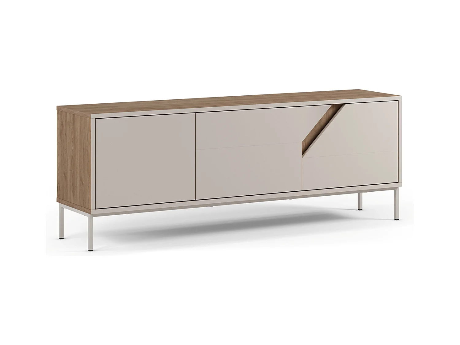 Meuble TV, Meuble de salon avec 3 portes aspect bois coloris chêne, crème - Longueur 150 x Profondeur 35 x Hauteur 55 cm