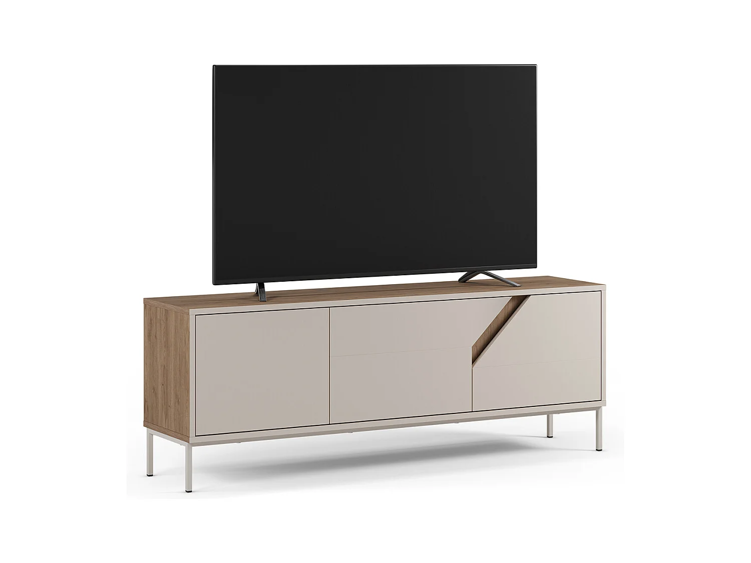 Meuble TV, Meuble de salon avec 3 portes aspect bois coloris chêne, crème - Longueur 150 x Profondeur 35 x Hauteur 55 cm