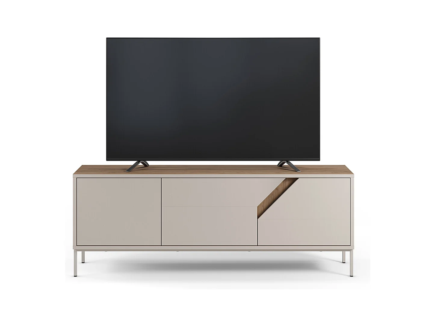 Meuble TV, Meuble de salon avec 3 portes aspect bois coloris chêne, crème - Longueur 150 x Profondeur 35 x Hauteur 55 cm