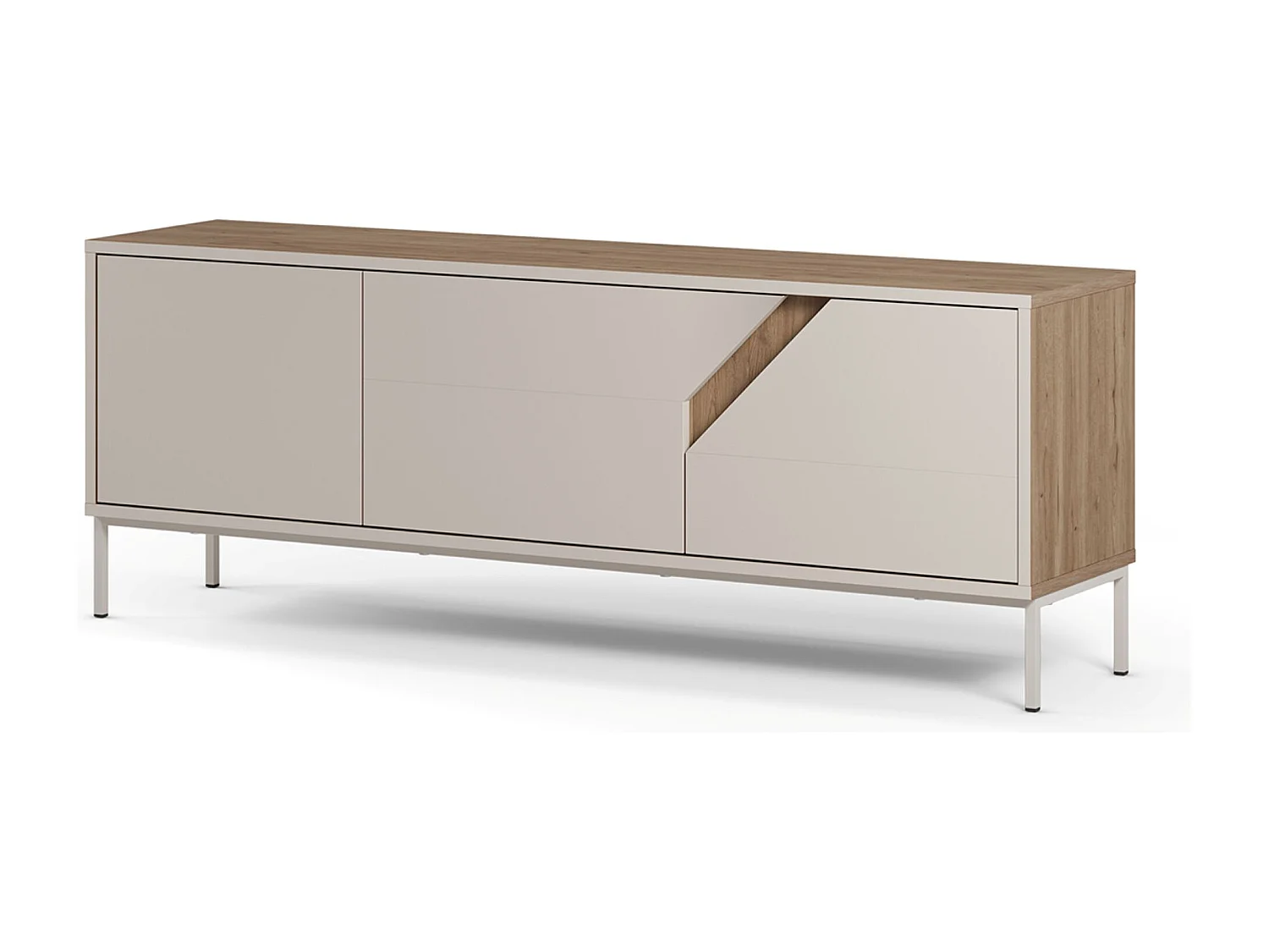 Meuble TV, Meuble de salon avec 3 portes aspect bois coloris chêne, crème - Longueur 150 x Profondeur 35 x Hauteur 55 cm