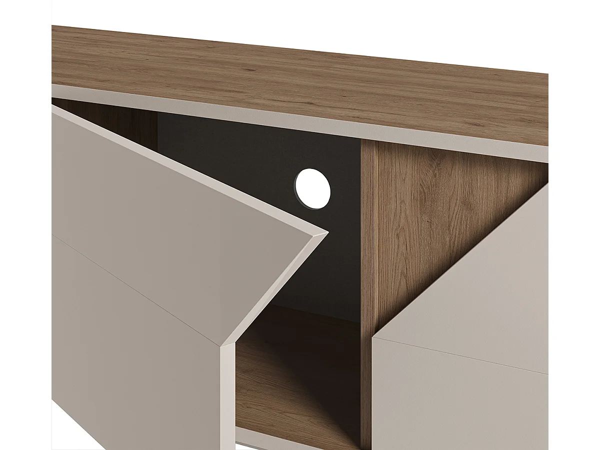 Meuble TV, Meuble de salon avec 3 portes aspect bois coloris chêne, crème - Longueur 150 x Profondeur 35 x Hauteur 55 cm