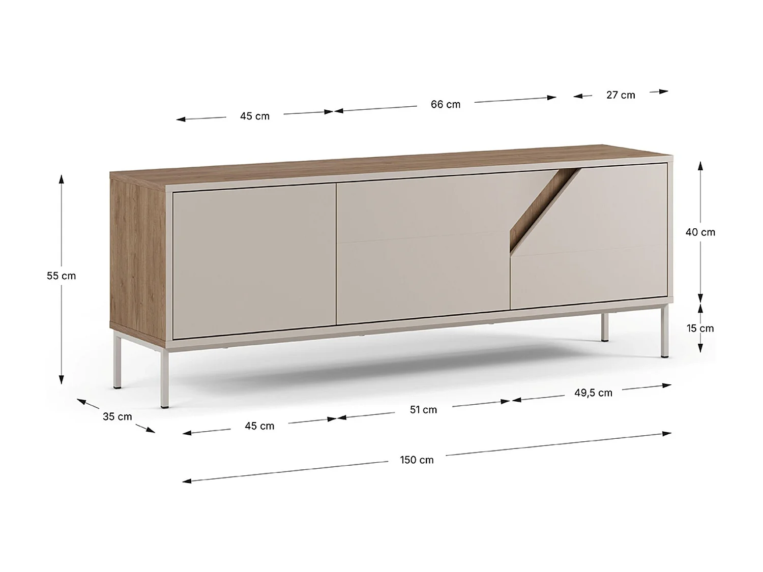 Meuble TV, Meuble de salon avec 3 portes aspect bois coloris chêne, crème - Longueur 150 x Profondeur 35 x Hauteur 55 cm