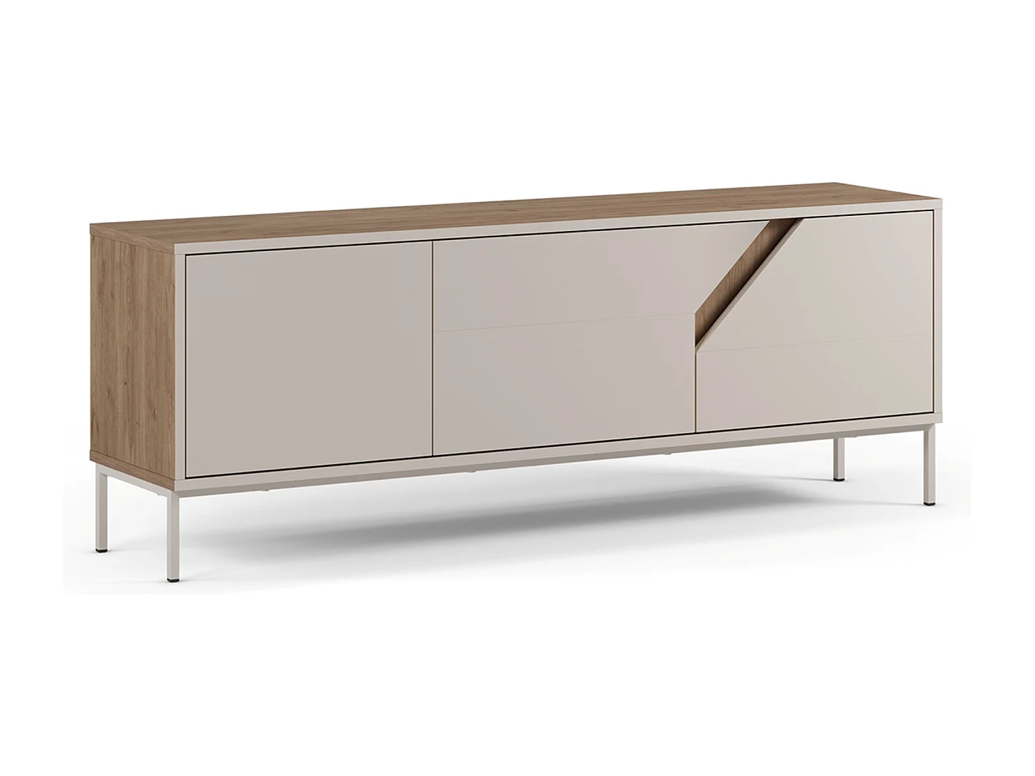 Meuble TV, Meuble de salon avec 3 portes aspect bois coloris chêne, crème - Longueur 150 x Profondeur 35 x Hauteur 55 cm