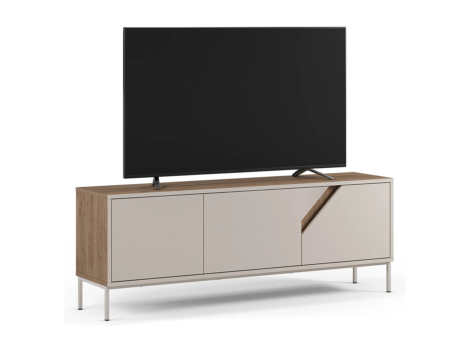 Meuble TV, Meuble de salon avec 3 portes aspect bois coloris chêne, crème - Longueur 150 x Profondeur 35 x Hauteur 55 cm